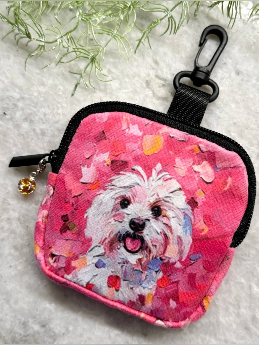 New Maltese Pink Zip Bag Dog Walk Treat Accessory Pouch w/ Clip & Charm - 4”x4”